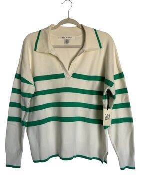 Max Studio| Striped Polo Knit Sweater| Cream and Green